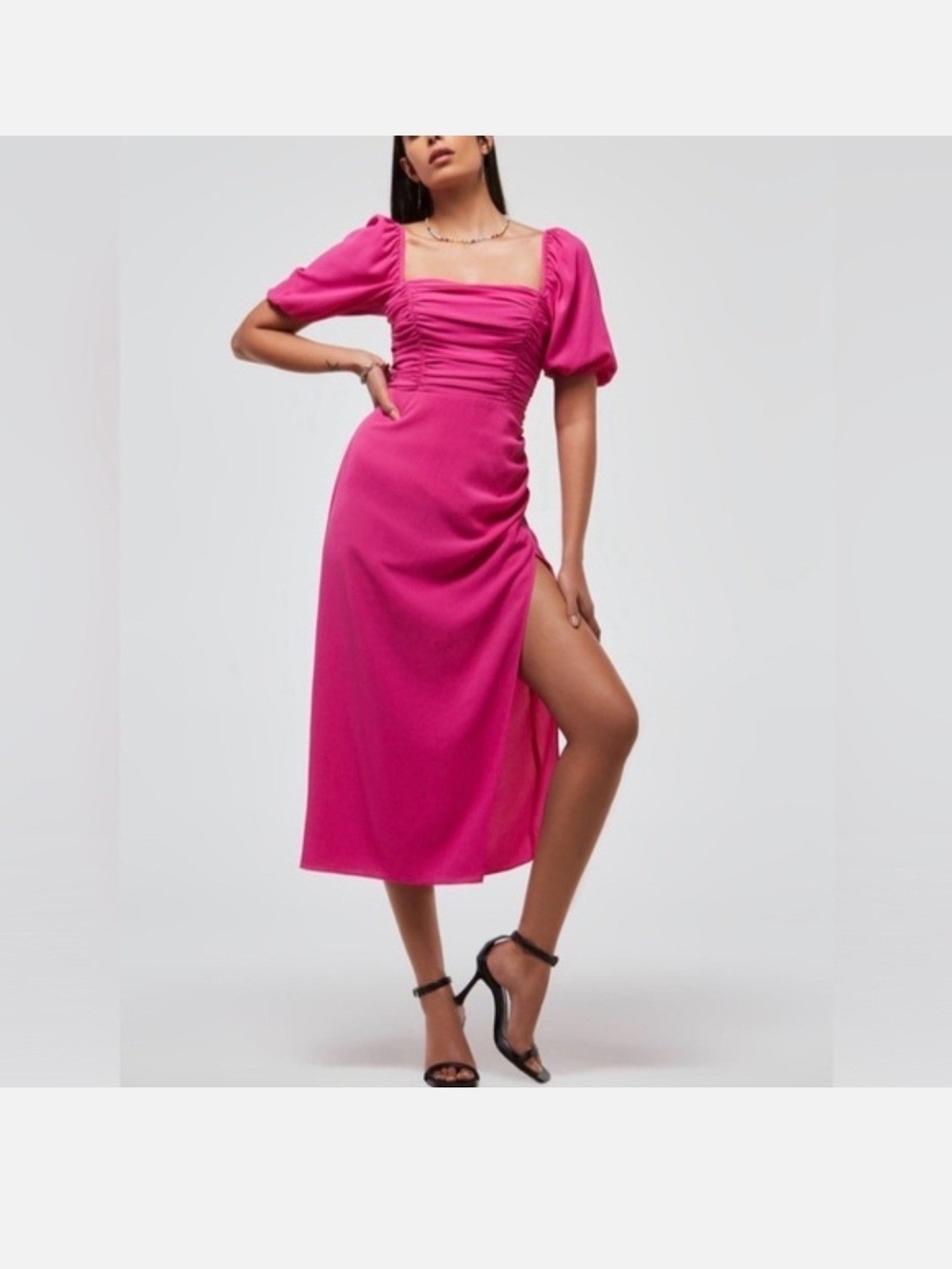 French Connection Afina Inu Hot Pink Wild Rosa Midi Dress Puff Sleeves XL